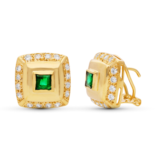 18K PENDIENTES ORO AMARILLO CIRCONITA 14X14 MM CIERRE OMEGA 5