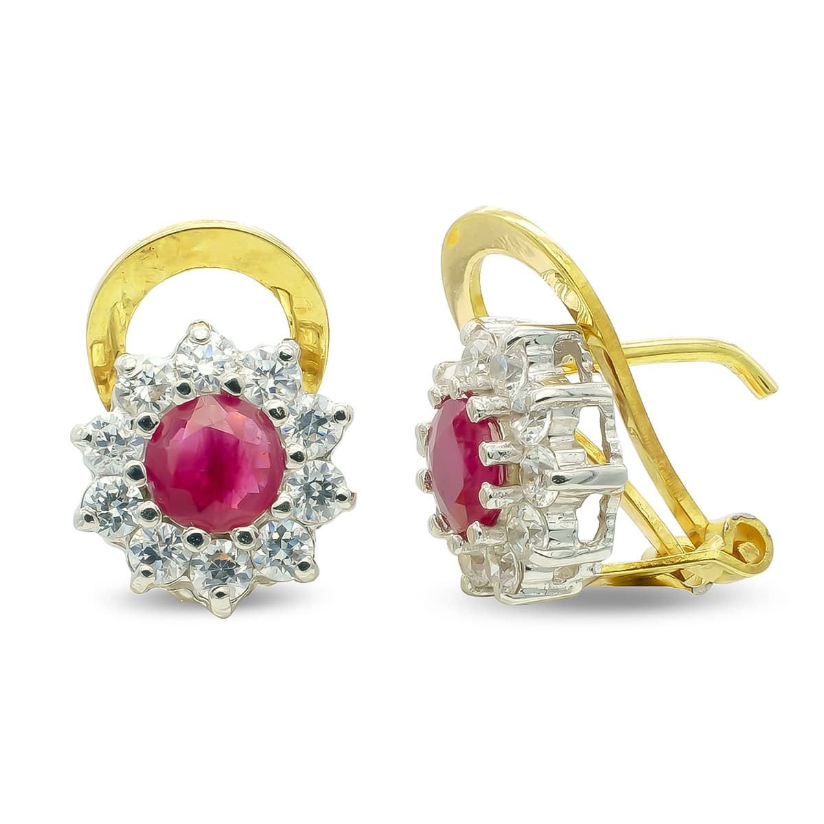 18K PENDIENTES ORO BICOLOR RUBI 5 MM CIRCONITA CIERRE OMEGA 5