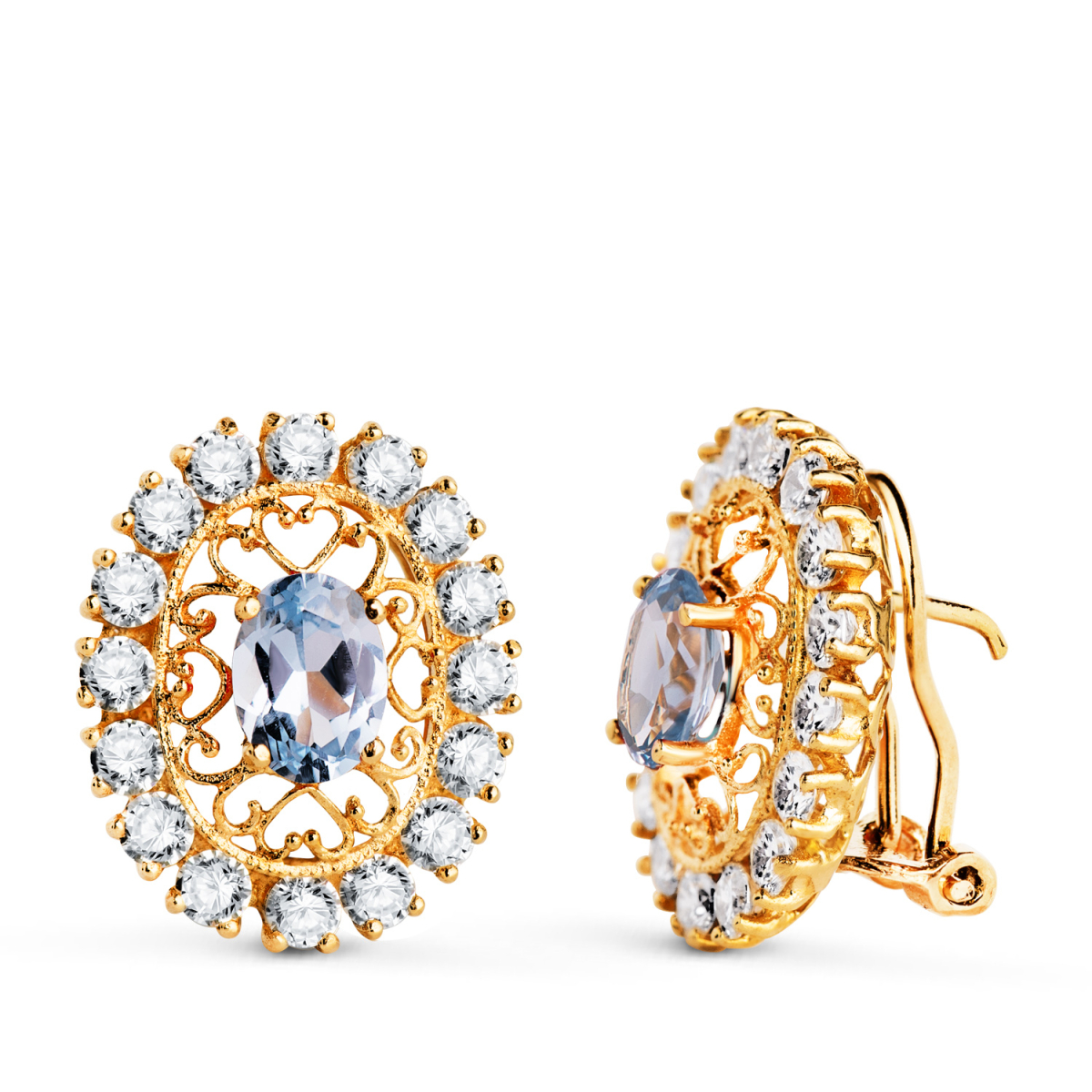 18K PENDIENTES ORO AMARILLO PIEDRA AGUAMARINA 7X5 MM CON CIRCONITAS. MEDIDA: 19X16 MM. CIERRE OMEGA 6