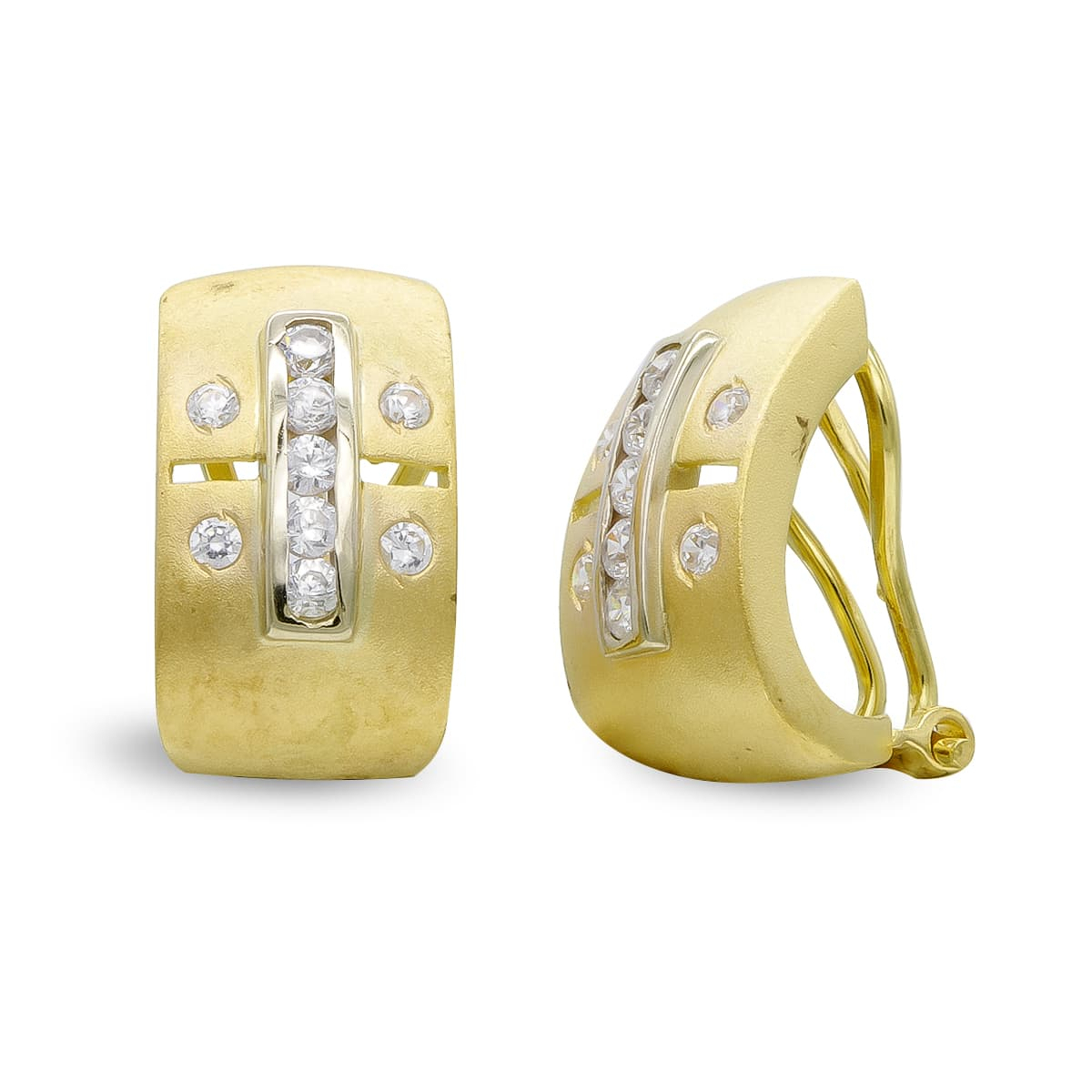 18K PENDIENTES ORO BICOLOR MATE Y BRILLO CON CIRCONITA CIERRE OMEGA 6