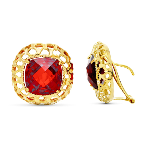 18K PENDIENTES GRANATE 20 MM CERCO FILIGRANA CIERRE OMEGA 7,24gr