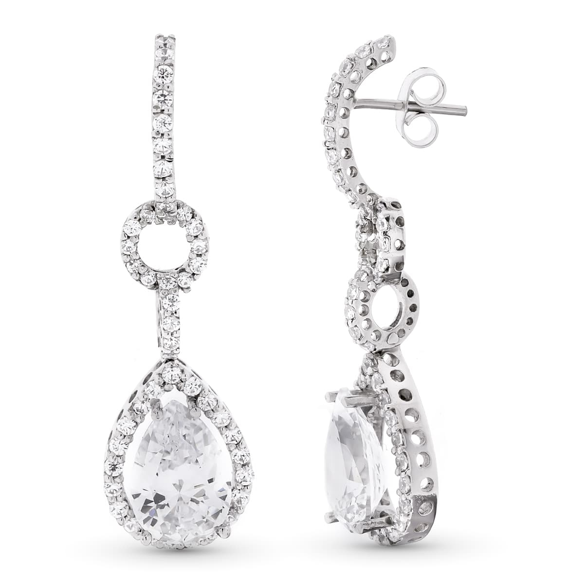 18K PENDIENTES ORO BLANCO LARGOS CIRCONITA 41X11 MM CIERRE PRESION 7