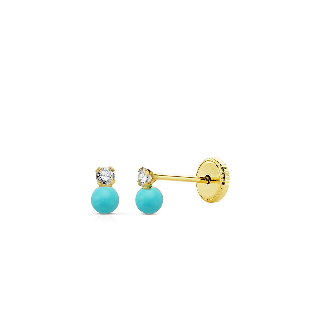 18K PENDIENTES ORO AMARILLO TU Y YO CIRCONITA Y TURQUESA 5X3 MM. CIERRE TUERCA 0