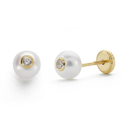 18K PENDIENTES ORO AMARILLO PERLA 5 MM CIRCONITA CIERRE TUERCA 0