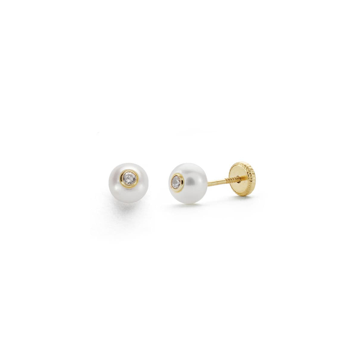 18K PENDIENTES ORO AMARILLO PERLA 5 MM CIRCONITA CIERRE TUERCA 0