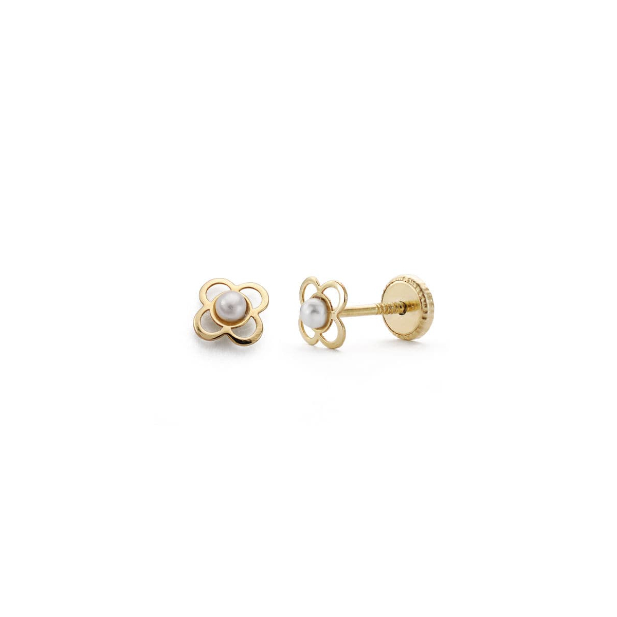 18K PENDIENTES ORO AMARILLO TREBOL 5 MM PERLA 2 MM CIERRE TUERCA 0