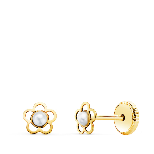 18K PENDIENTES ORO AMARILLO FLOR CALADA CON PERLA DE 2 MM. ANCHO: 5X5 MM. CIERRE TUERCA 0