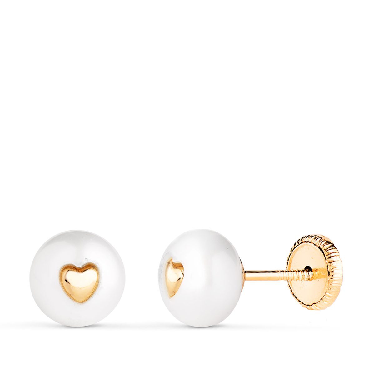 18K PENDIENTES ORO AMARILLO PERLA CON INTERIOR DE CORAZON. MEDIDA: 7 MM. CIERRE TUERCA 0