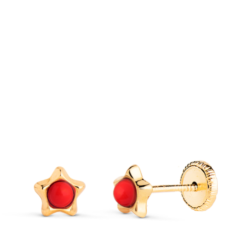18K PENDIENTES ORO AMARILLO ESTRELLA CON CORAL DE 2