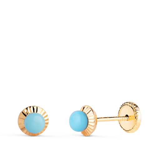 18K PENDIENTES ORO AMARILLO TURQUESA ORLA TALLADA 5 MM CIERRE TUERCA 0
