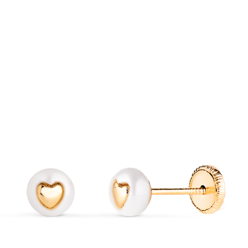 18K PENDIENTES ORO AMARILLO PERLA CON INTERIOR DE CORAZON. MEDIDA: 5 MM. CIERRE TUERCA 0