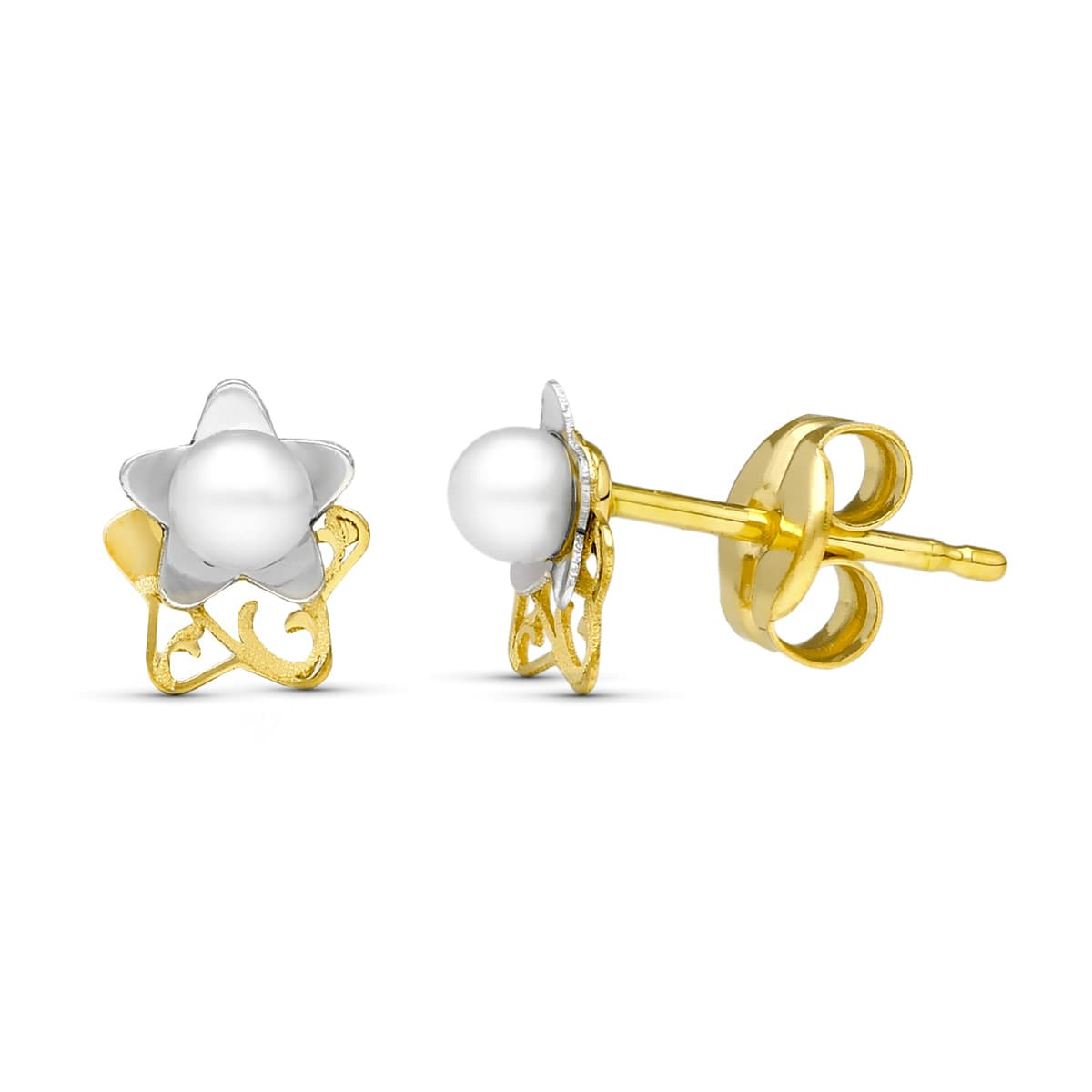 18K PENDIENTES ORO BICOLOR PERLA LASER. 6X5 MM CIERRE PRESION 0