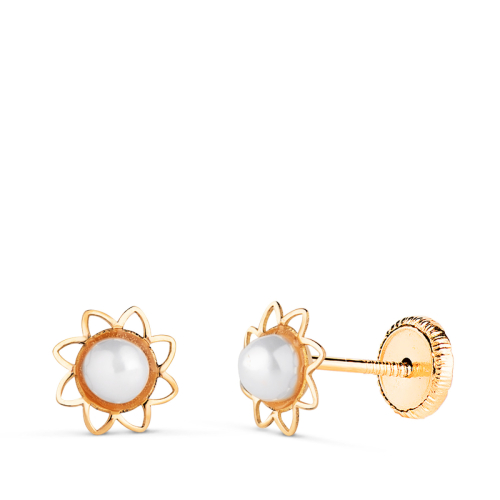 18K PENDIENTES ORO AMARILLO FLOR CALADA CON PERLA 3MM. MEDIDA: 6 MM. CIERRE TUERCA 0