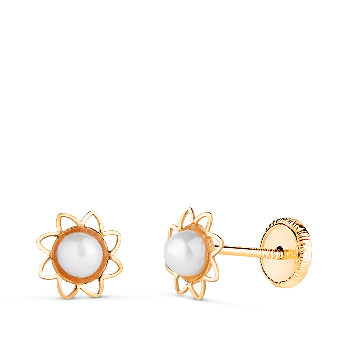 18K PENDIENTES ORO AMARILLO FLOR CALADA CON PERLA 3MM. MEDIDA: 6 MM. CIERRE TUERCA 0