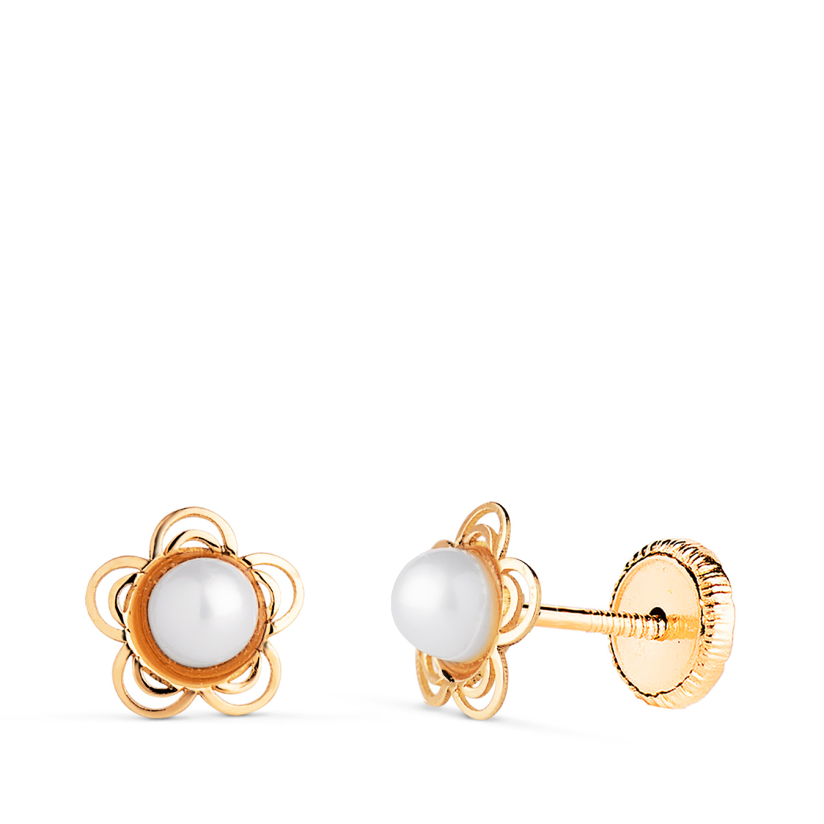 18K PENDIENTES ORO AMARILLO FLOR CALADA CON PERLA 3MM. MEDIDA: 6 MM.CIERRE TUERCA 0
