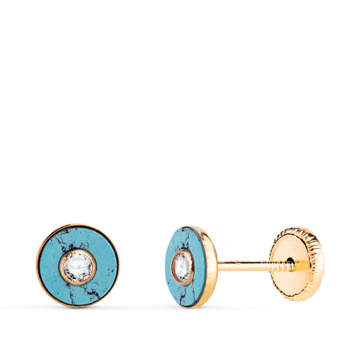 18K PENDIENTES ORO AMARILLO REDONDOS TURQUESA SINTETICA CON CIRCONITA. MEDIDA: 5