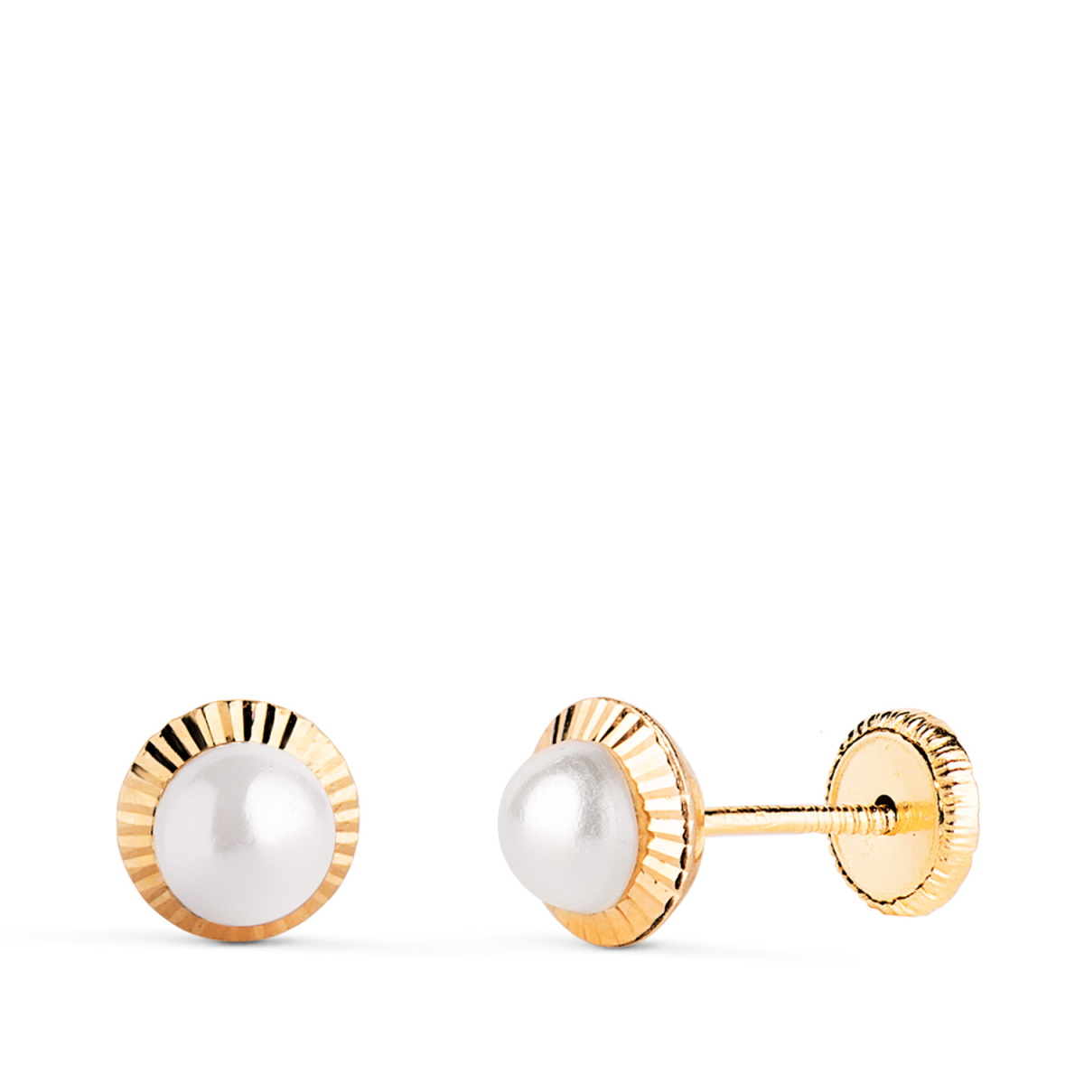 18K PENDIENTES ORO AMARILLO PERLA ORLA TALLADA 6 MM CIERRE TUERCA 0