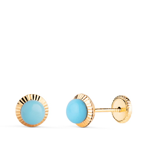 18K PENDIENTES ORO AMARILLO TURQUESA ORLA TALLADA 6 MM. CIERRE TUERCA 0