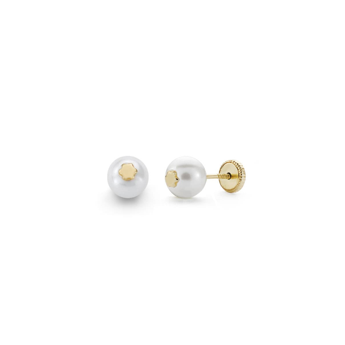 18K PENDIENTES ORO AMARILLO PERLA Y ESTRELLA 6 MM CIERRE TUERCA 0