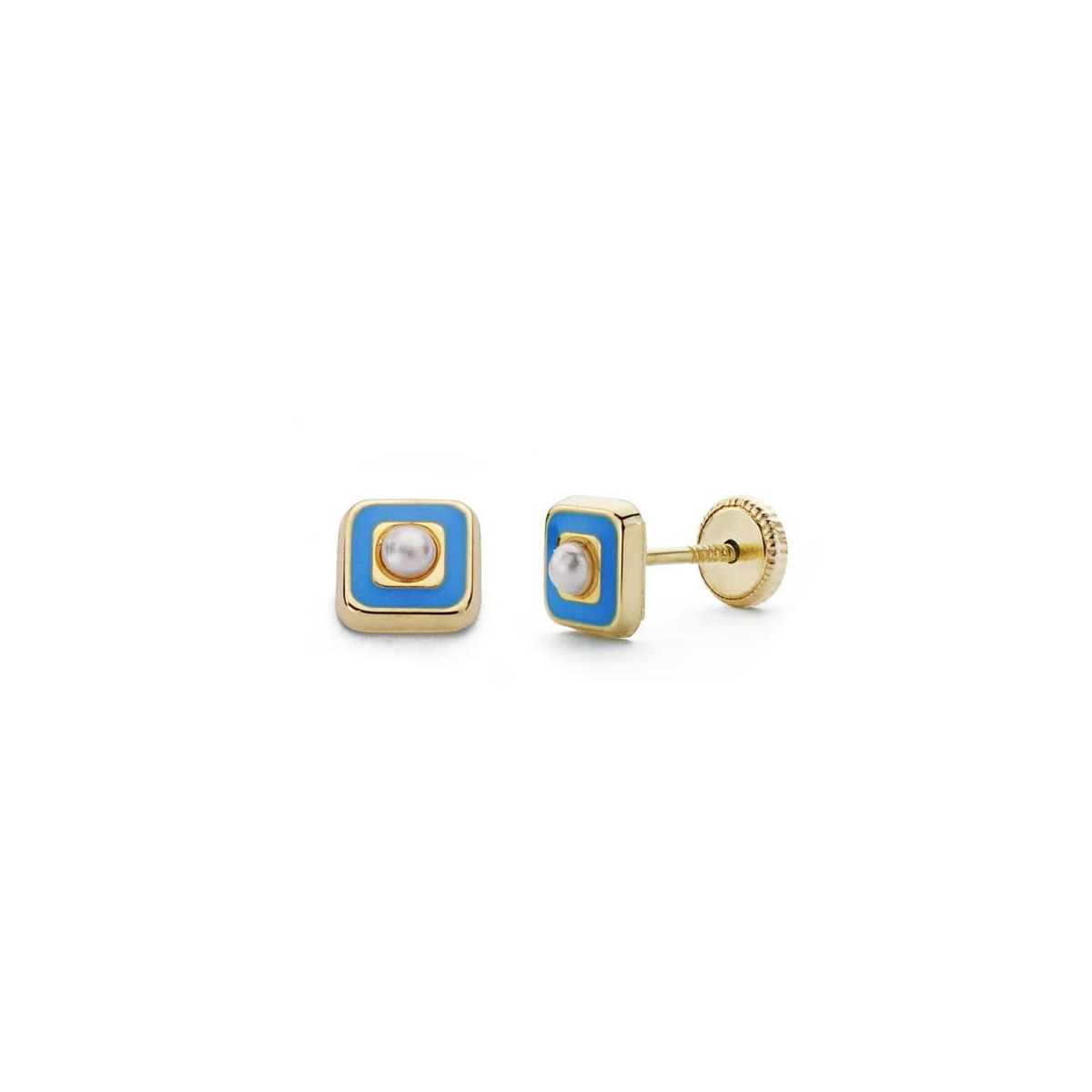 18K PENDIENTES ORO AMARILLO PERLA Y ESMALTE AZUL 5 MM CIERRE TUERCA 0