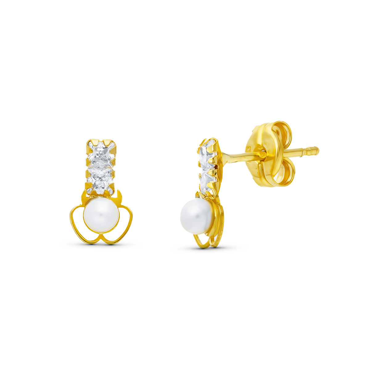 18K PENDIENTES ORO AMARILLO PERLA TREBOL. 8X5 MM CIERRE PRESION 0