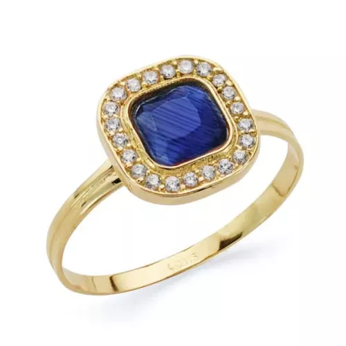 18K SORTIJA ORO AMARILLO CUADRADO CON CIRCONITAS AZULY BLANCAS. ANCHO: 9 MM 1