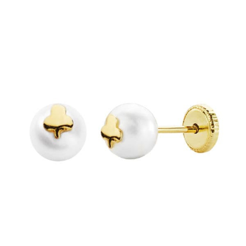 18K PENDIENTES ORO AMARILLO TREBOL Y PERLA 6 MM TUERCA 0