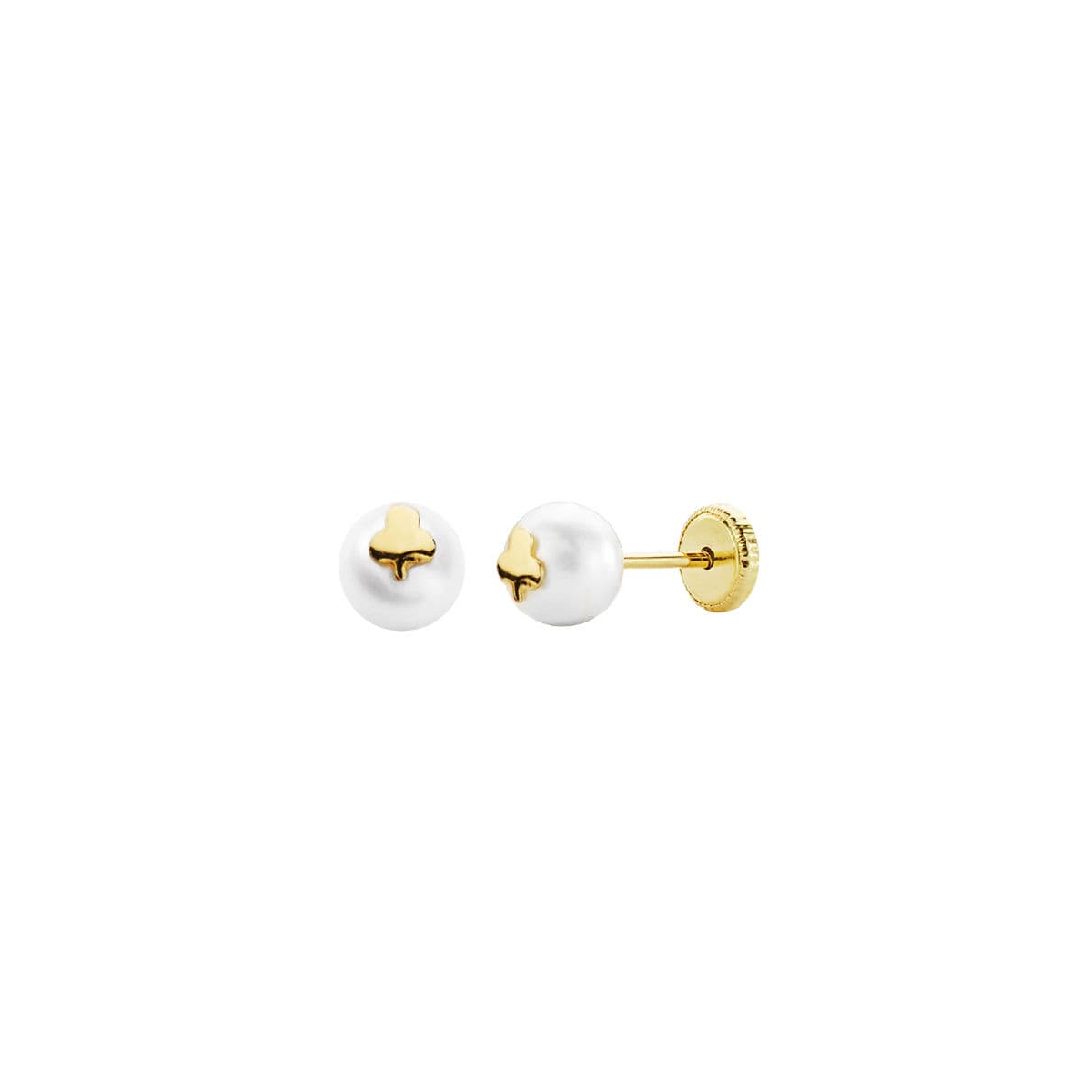 18K PENDIENTES ORO AMARILLO TREBOL Y PERLA 6 MM TUERCA 0