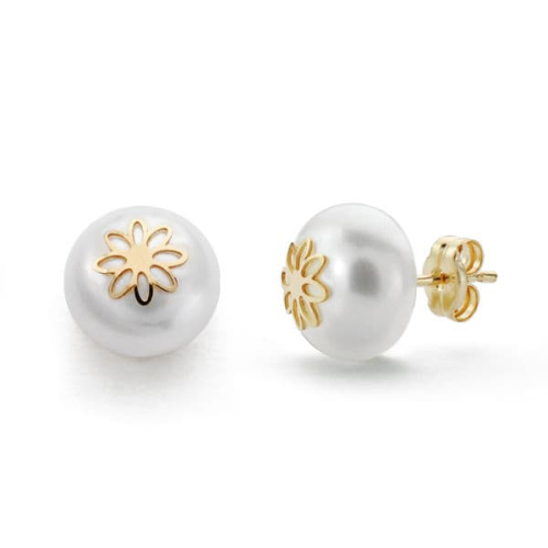 18K PENDIENTES ORO AMARILLO PERLA FLOR 9 MM CIERRE PRESION 0