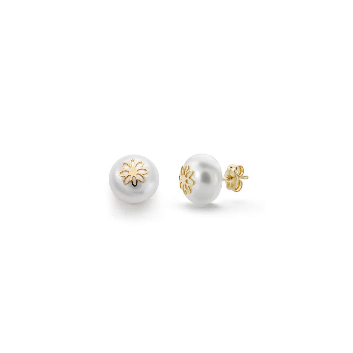 18K PENDIENTES ORO AMARILLO PERLA FLOR 9 MM CIERRE PRESION 0