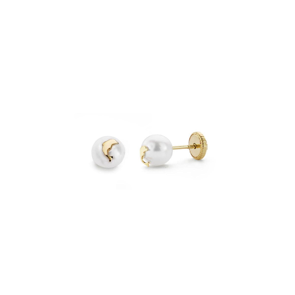 18K PENDIENTES ORO AMARILLO PERLA Y DELFIN 6 MM TUERCA 0