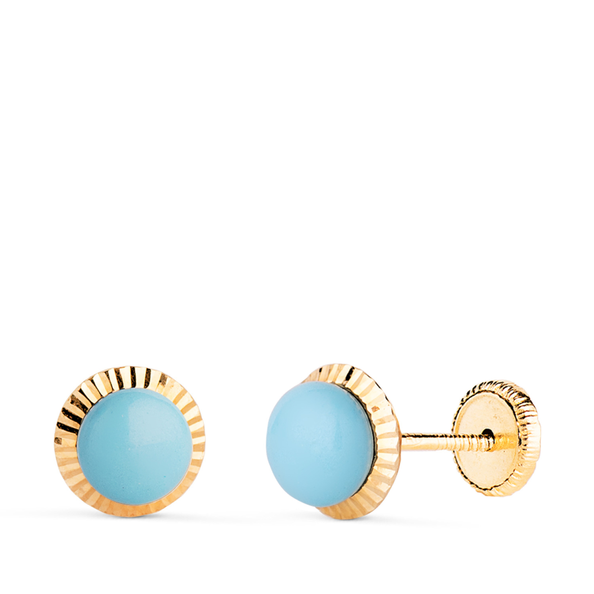 18K PENDIENTES ORO AMARILLO TURQUESA ORLA TALLADA 7 MM. CIERRE TUERCA 0