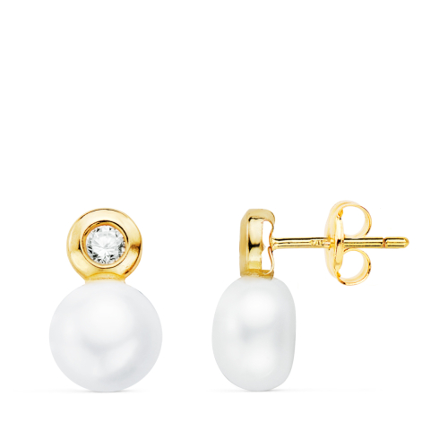 18K PENDIENTES ORO AMARILLO PERLA Y CHATON CON CIRCONTIA. MEDIDA: 12 X 7 MM. CIERRE PRESION 0