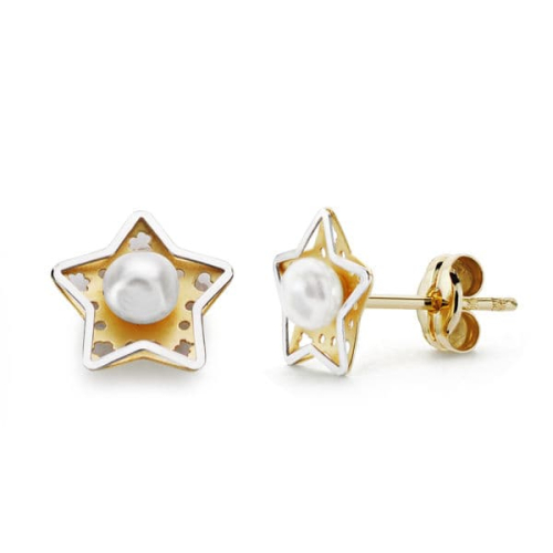 18K PENDIENTES ORO AMARILLO ESTRELLA Y PERLA 8X8 MM CIERRE PRESION 0