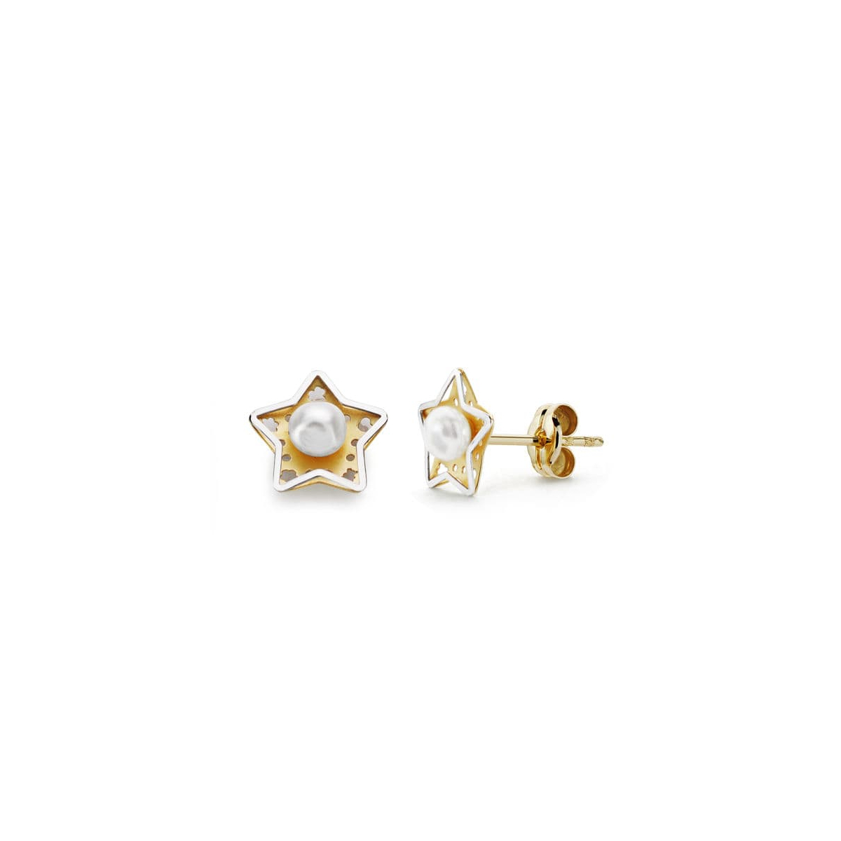 18K PENDIENTES ORO AMARILLO ESTRELLA Y PERLA 8X8 MM CIERRE PRESION 0