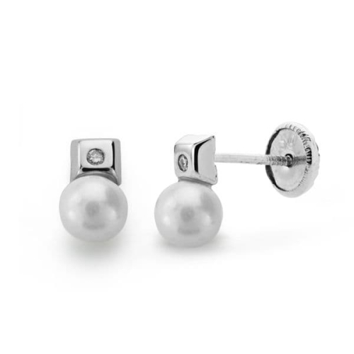18K PENDIENTES ORO BLANCO PERLA 3 MM DIAMANTES NATURALES SI-H TALLA BRILLANTE 0