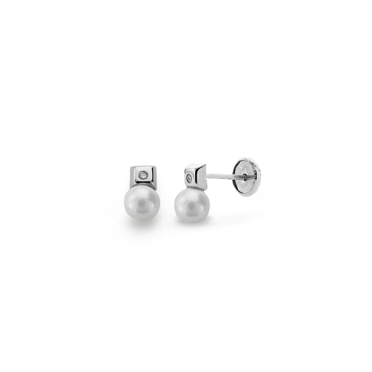 18K PENDIENTES ORO BLANCO PERLA 3 MM DIAMANTES NATURALES SI-H TALLA BRILLANTE 0