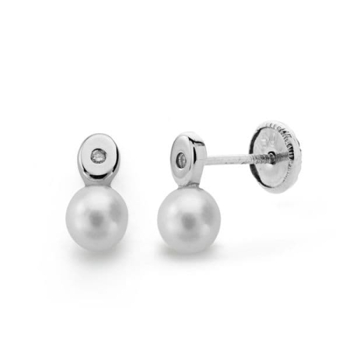 18K PENDIENTES ORO BLANCO PERLA 3 MM DIAMANTES NATURALES SI-H TALLA BRILLANTE 0