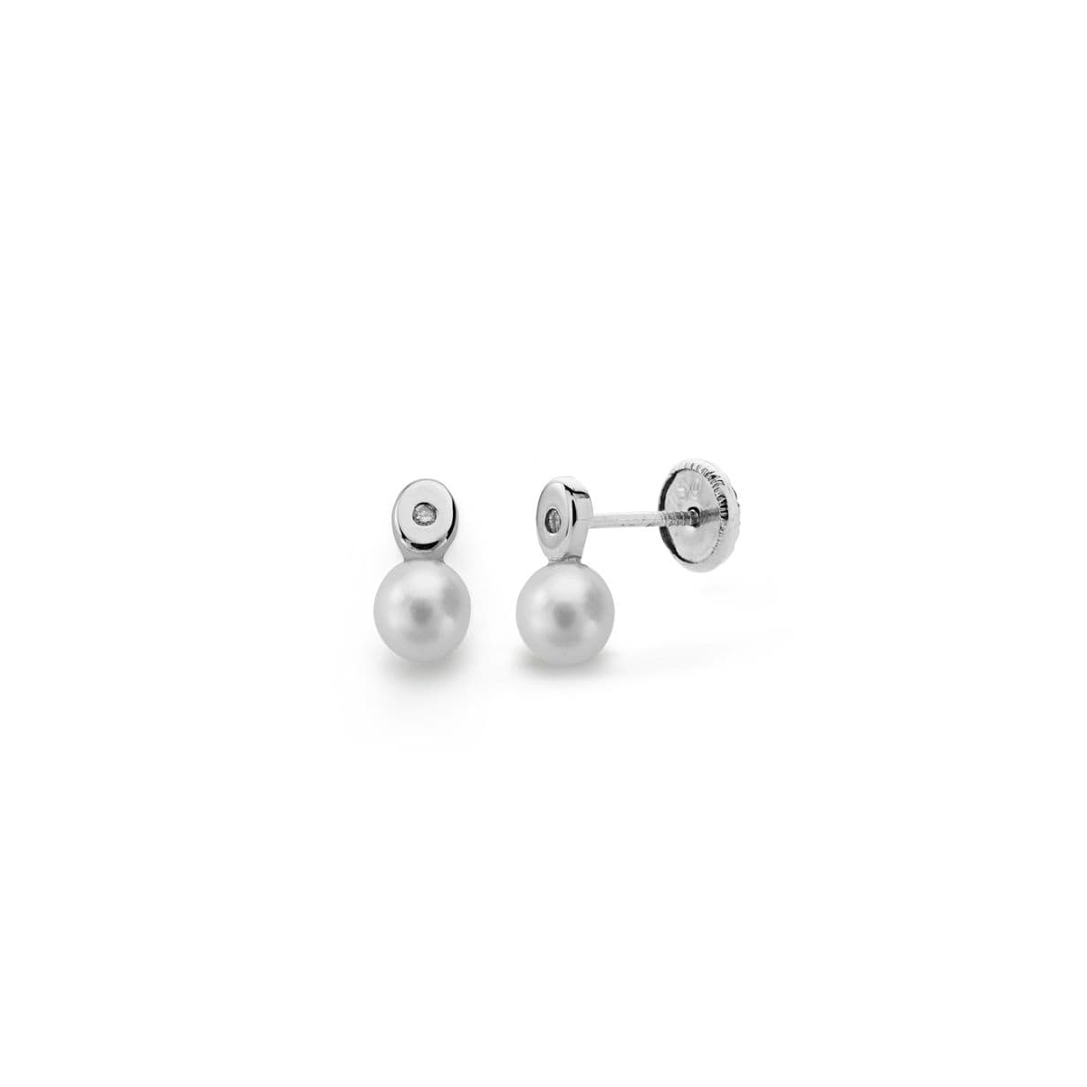 18K PENDIENTES ORO BLANCO PERLA 3 MM DIAMANTES NATURALES SI-H TALLA BRILLANTE 0