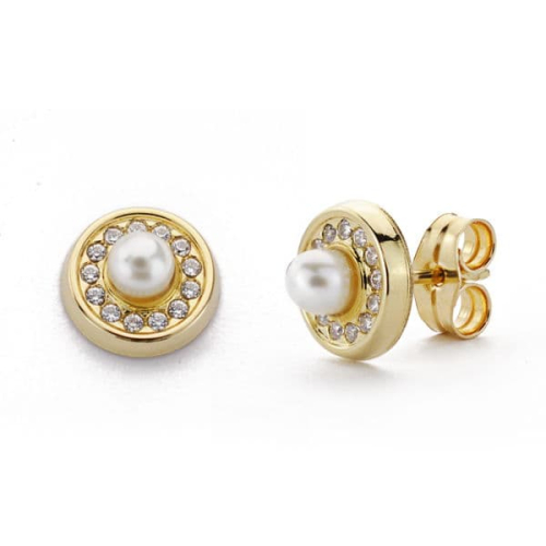 18K PENDIENTES ORO AMARILLO PERLA 3 MM CIRCONITA PRESION 0
