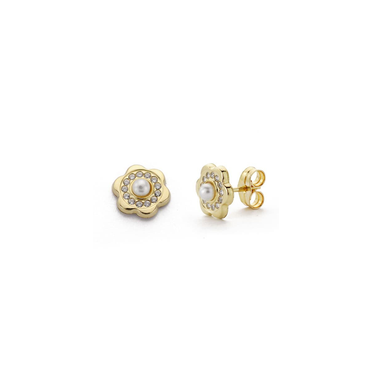 18K PENDIENTES ORO AMARILLO FLOR CIRCONITA Y PERLA 3 MM CIERRE PRESION 0