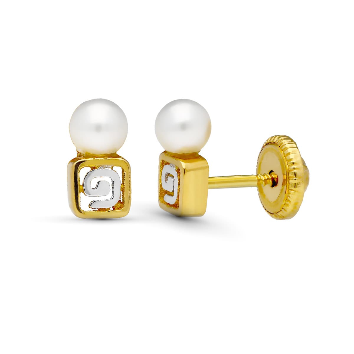 18K PENDIENTES ORO BICOLOR MOTIVO Y PERLA 7X3 MM CIERRE TUERCA 0