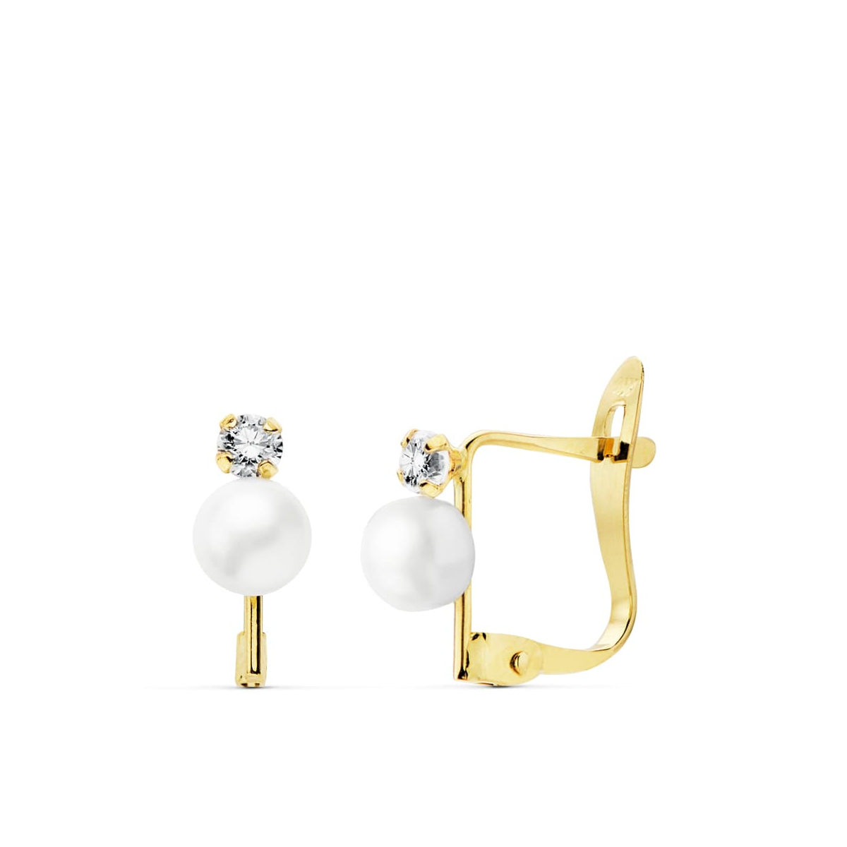 18K PENDIENTES CIRCONITA ORO BICOLOR 2.5 MM PERLA 4.5 MM CIERRE CATALAN 0