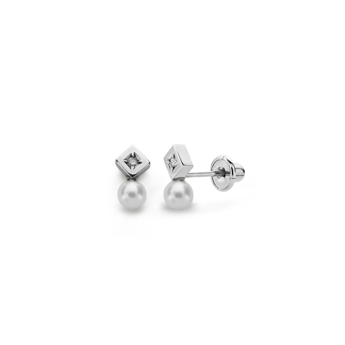 18K PENDIENTES ORO BLANCO PERLA 3 MM DIAMANTES NATURALES SI-H TALLA BRILLANTE 0