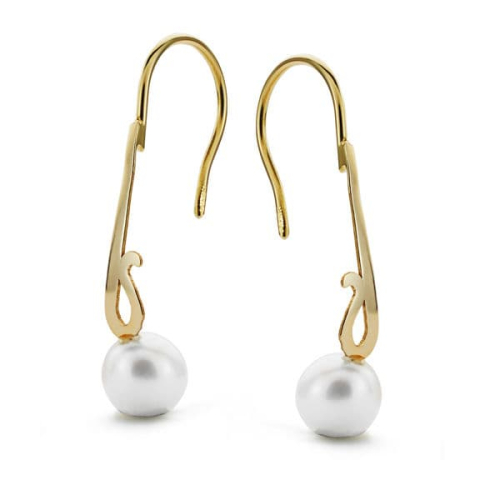 18K PENDIENTES LARGOS PERLA ORO AMARILLO 25X6 MM CIERRE GANCHO 0