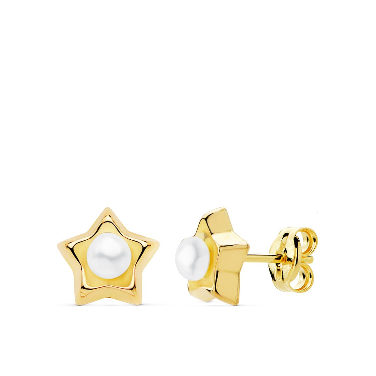 18K PENDIENTES ORO AMARILLO ESTRELLA PERLA 8X8 MM CIERRE PRESION 0