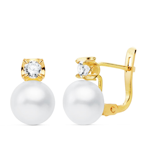 18K PENDIENTES ORO AMARILLO GARRAS CIRCONITA PERLA 7.5 MM 11X7.5 MM CIERRE CATALAN 0