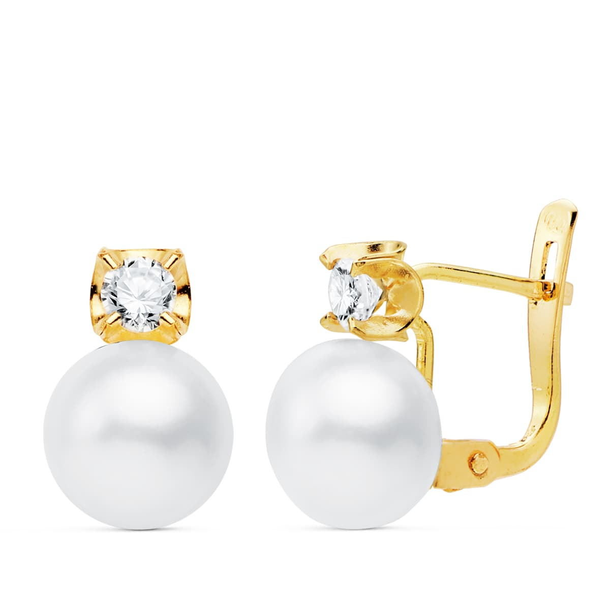 18K PENDIENTES ORO AMARILLO GARRAS CIRCONITA PERLA 7.5 MM 11X7.5 MM CIERRE CATALAN 0