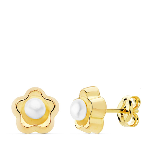 18K PENDIENTES ORO AMARILLO FLOR PERLA 8X8 MM CIERRE PRESION 0