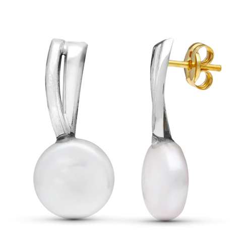 18K PENDIENTES ORO BLANCO BANDAS PERLA CULTIVADA 9 MM TOTAL 21X9 MM PRESION 0